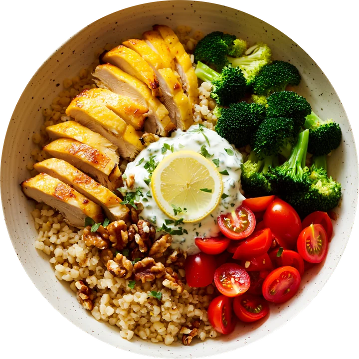 Ένα bowl από ψηλά με φαγόπυρο, φετάκια κοτόπουλο, μπρόκολο, ντοματίνια, σάλτσα γιαουρτιού και καρύδια